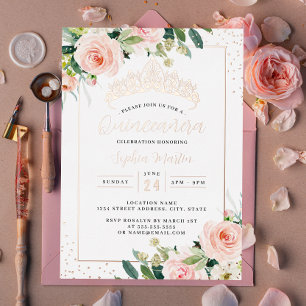 Invitación Con Relieve Metalizado Floral de oro Rosa moderna Quinceanera