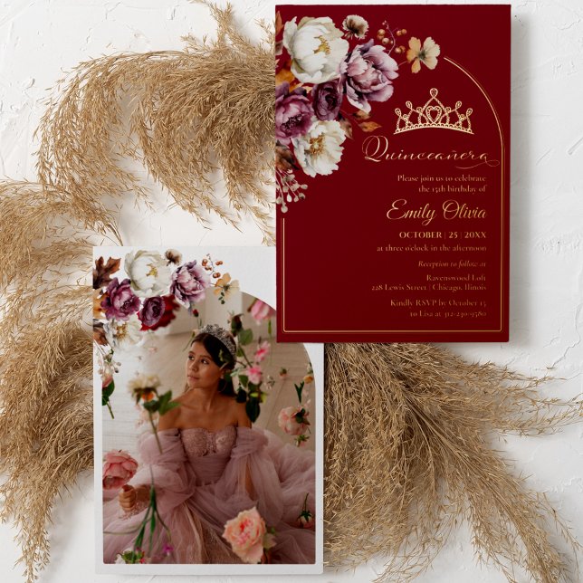 Invitación Con Relieve Metalizado Floral de otoño borgoñona Quinceanera foto real (Subido por el creador)