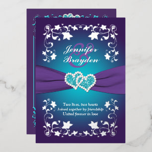 Invitación Con Relieve Metalizado Floral de Plata, Morado, Corazones Unidos de Turqu