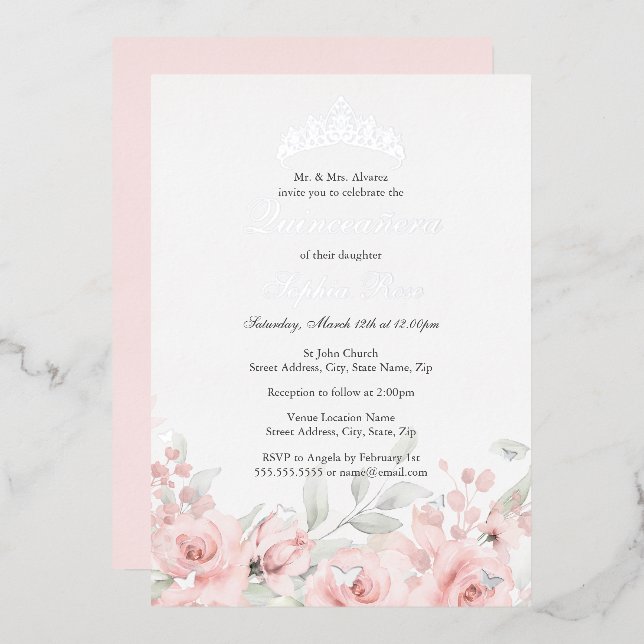 Invitación Con Relieve Metalizado Floral de plata rosa Rubor Tiara Quinceanera (Anverso/Reverso)