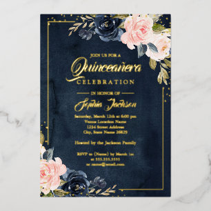 Invitación Con Relieve Metalizado Floral de Rubor de la Marina de RELIEVE METALIZADO