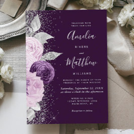 Invitación Con Relieve Metalizado Floral Deep Purple Silver Glitter Wedding