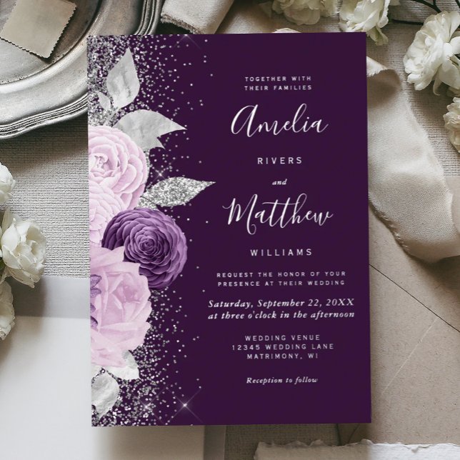 Invitación Con Relieve Metalizado Floral Deep Purple Silver Glitter Wedding (Subido por el creador)