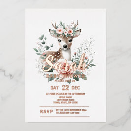Invitación Con Relieve Metalizado Floral Deer Baby Shower