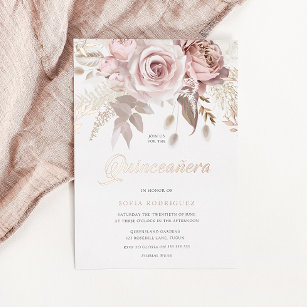 Invitación Con Relieve Metalizado Floral divino Rosa de oro Rubor Quinceanera