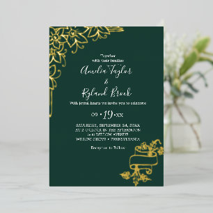 Invitación Con Relieve Metalizado Floral Dorada   Boda Esmeralda con Hoja de Oro 