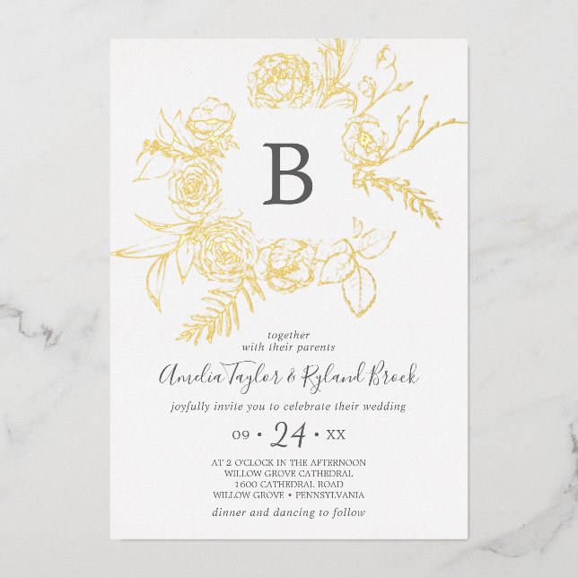 Invitación Con Relieve Metalizado Floral dorada | Boda Monograma de Relieve metaliza (Anverso)