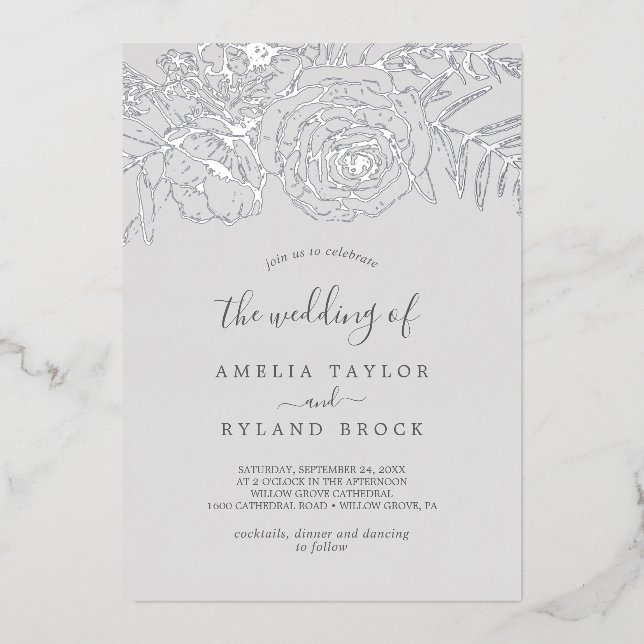 Invitación Con Relieve Metalizado Floral dorada | Gris Relieve metalizado plateado E (Anverso)