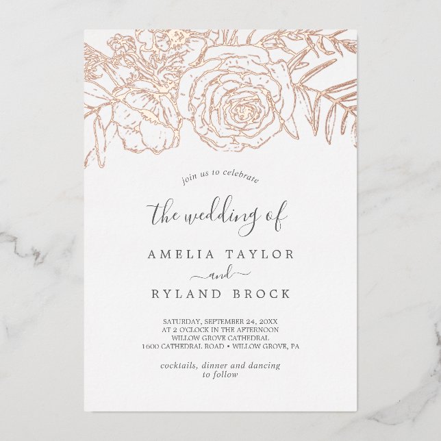 Invitación Con Relieve Metalizado Floral dorada | Rosa Relieve metalizado dorado El  (Anverso)