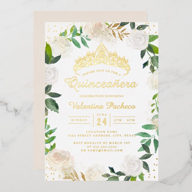Invitación Con Relieve Metalizado Floral dorada Tiara Quinceanera (Anverso/Reverso)