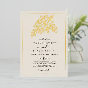Invitación Con Relieve Metalizado Floral Dorado Boda Formal Crema con Hoja de Oro