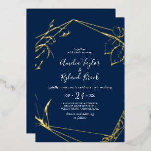Invitación Con Relieve Metalizado Floral Dorado   Boda Frente y Dorso de Oro Naval