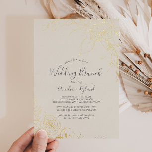 Invitación Con Relieve Metalizado Floral Dorado   Desayuno Nupcial con Flores de Hoj