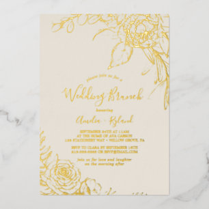 Invitación Con Relieve Metalizado Floral Dorado Desayuno Nupcial de Oro y Crema