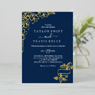 Invitación Con Relieve Metalizado Floral Dorado   Frente y Reverso de Naviera Dorada