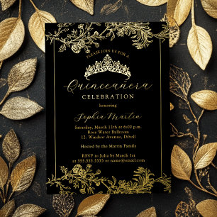 Invitación Con Relieve Metalizado Floral Dorado Quinceañera Vintage Negro