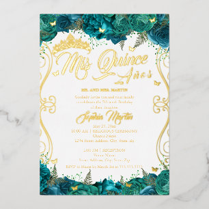 Invitación Con Relieve Metalizado Floral Dorado Verde Teal Rollo Mis Quince Quinceañ
