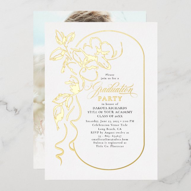 Invitación Con Relieve Metalizado Floral Elegant Graduant Party Photo Gold (Anverso/Reverso)