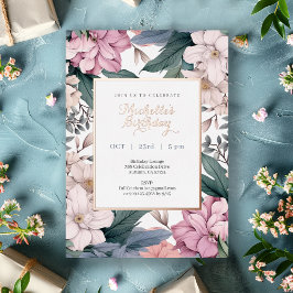 Invitación Con Relieve Metalizado Floral Elegante acuarela Fiesta de cumpleaños Gold