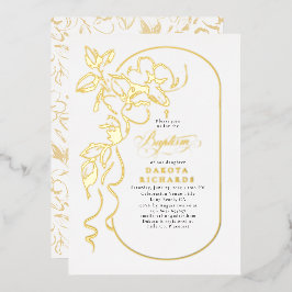 Invitación Con Relieve Metalizado Floral elegante bautismo oro