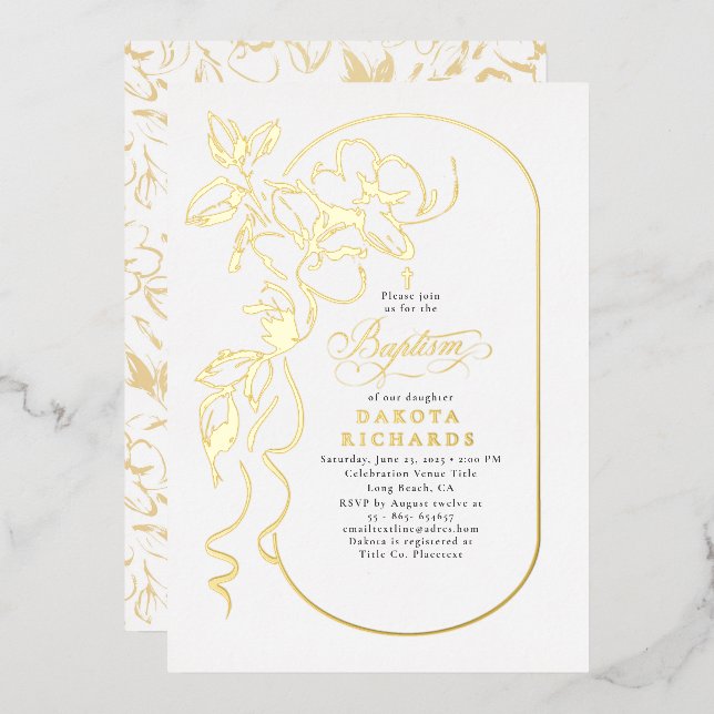 Invitación Con Relieve Metalizado Floral elegante bautismo oro (Anverso/Reverso)