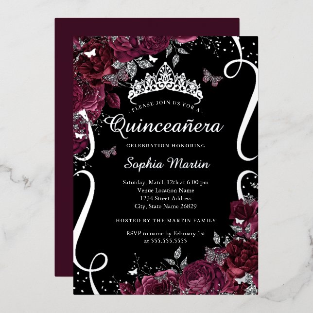 Invitación Con Relieve Metalizado Floral Elegante Burgundy Quinceanera (Anverso/Reverso)