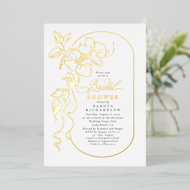 Invitación Con Relieve Metalizado Floral Elegante White Bridal Shower Gold (Anverso de pie)