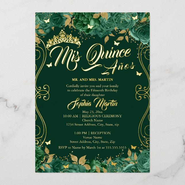 Invitación Con Relieve Metalizado Floral Emerald Scroll Mis Quince Quinceanera (Anverso)