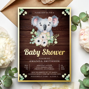 Invitación Con Relieve Metalizado Floral Eucalipto Koala Niña Madera Baby Shower Dor