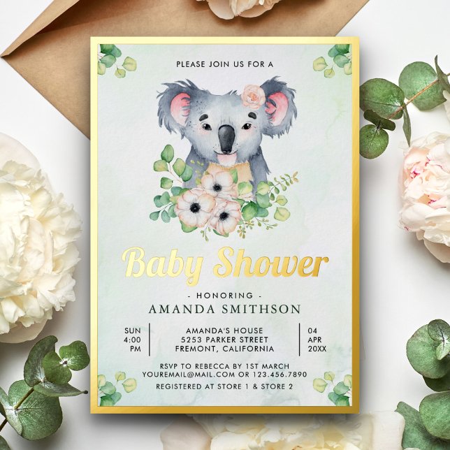 Invitación Con Relieve Metalizado Floral Eucalyptus Koala Chica Baby Shower Gold (Subido por el creador)