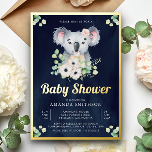 Invitación Con Relieve Metalizado Floral Eucalyptus Koala Chica Marina Baby Shower G