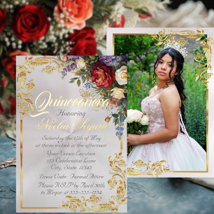 Invitación Con Relieve Metalizado Floral, Foto y Marco Dorado - Pearl2 Quinceañera
