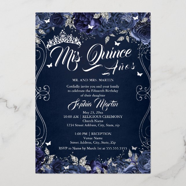 Invitación Con Relieve Metalizado Floral Garden Naval Plata Mis Quince Quinceanera (Anverso)