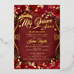 Invitación Con Relieve Metalizado Floral Garden Scroll Red Mis Quince Quinceanera
