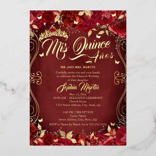 Invitación Con Relieve Metalizado Floral Garden Scroll Red Mis Quince Quinceanera (Anverso)