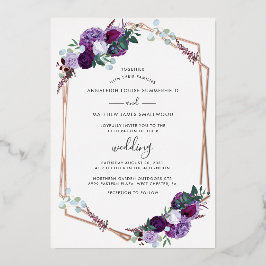 Invitación Con Relieve Metalizado Floral Geométrica Púrpura Moderno Rosa Oro