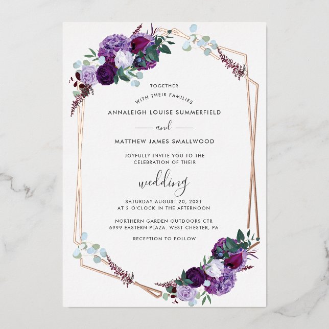 Invitación Con Relieve Metalizado Floral Geométrica Púrpura Moderno Rosa Oro (Anverso)