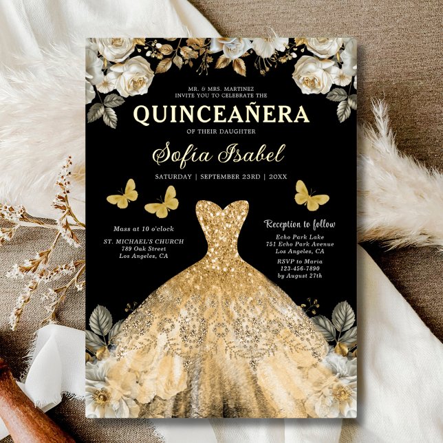Invitación Con Relieve Metalizado Floral Gold Black Butterfly Princess Quinceanera (Subido por el creador)