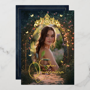 Invitación Con Relieve Metalizado Floral Golden Garden Mariposa Foto Quinceanera