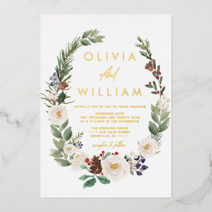Invitación Con Relieve Metalizado Floral Invierno Verdor Navidad Boda