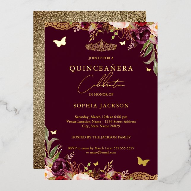 Invitación Con Relieve Metalizado Floral Lace Burgundy Quinceanera Cumpleaños (Anverso/Reverso)