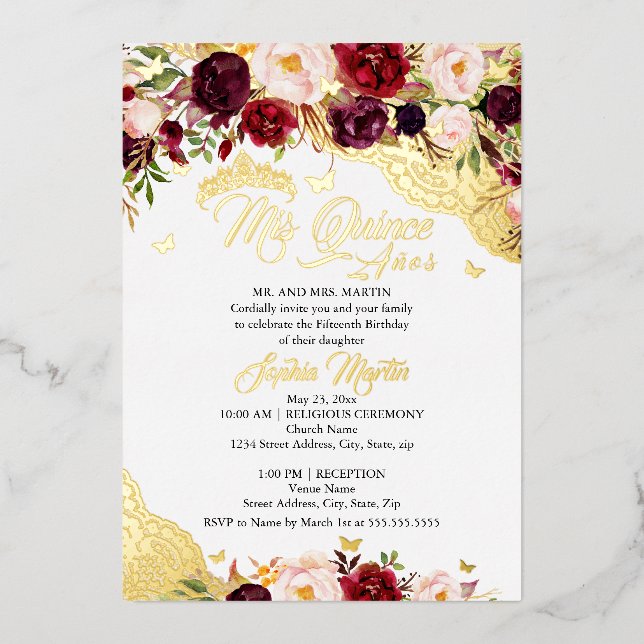 Invitación Con Relieve Metalizado Floral Lace Gold Burgunfly Quinceanera (Anverso)