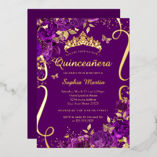 Invitación Con Relieve Metalizado Floral Mariposa Desplazamiento Púrpura Quinceanera