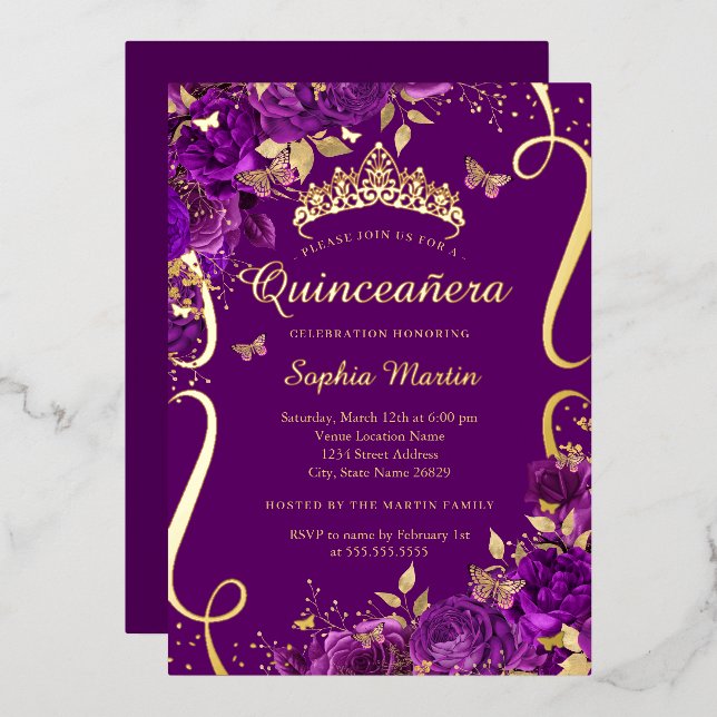 Invitación Con Relieve Metalizado Floral Mariposa Desplazamiento Púrpura Quinceanera (Anverso/Reverso)