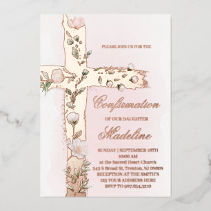 Invitación Con Relieve Metalizado floral metálico Santa Cruz Confirmación