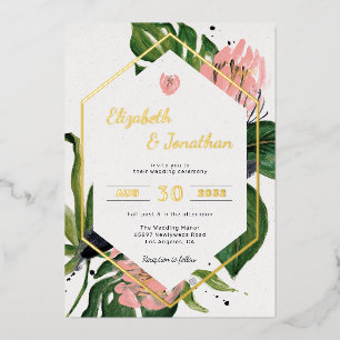 Invitación Con Relieve Metalizado Floral moderna de selva tropical rosa flores y hoj