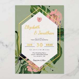 Invitación Con Relieve Metalizado Floral moderna de selva tropical rosa flores y hoj