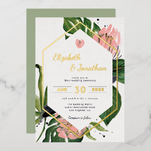 Invitación Con Relieve Metalizado Floral moderna de selva tropical rosa flores y hoj