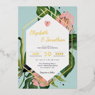Invitación Con Relieve Metalizado Floral moderna de selva tropical rosa flores y hoj