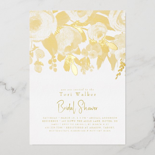 Invitación Con Relieve Metalizado Floral Moderno Bridal Shower Gold (Anverso)